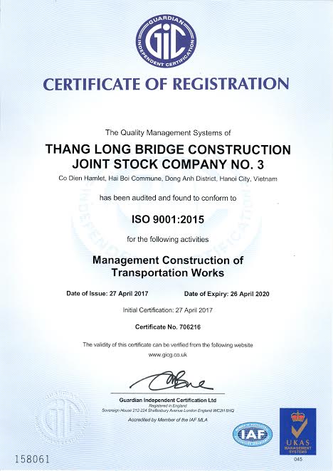 CHỨNG NHẬN ISO 9001:2015 CỦA CÔNG TY CP CẦU 3 THĂNG LONG